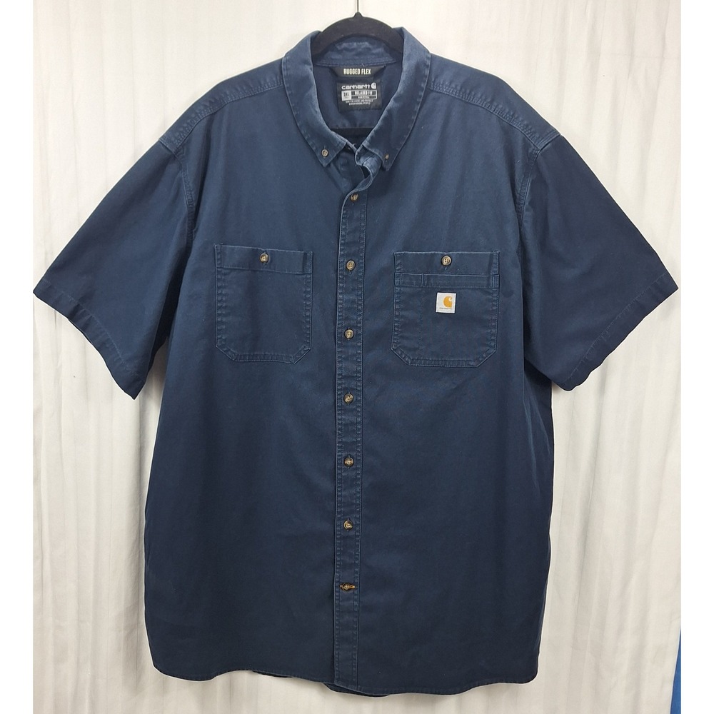 Carhartt Rugged Flex Mens 3XL‎ Tall Navy Blue Short Sleeve Button Down